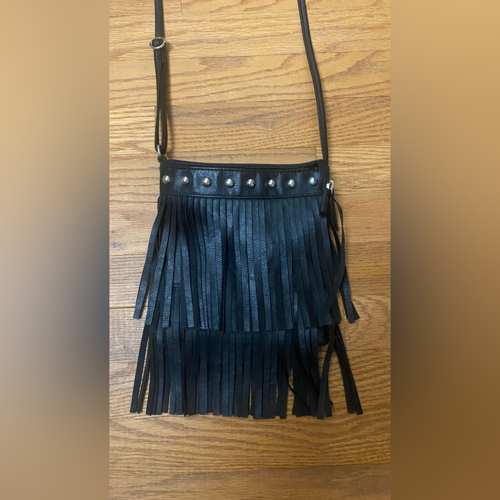 Black and Silver Fringe Crossbody Bag with Stud Accents